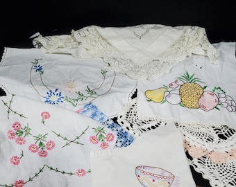 VINTAGE LINENS CRAFTING Lot. Pieces of hand embroidery, crochet & lace on linen and muslin for crafting/scrapbooking/junk journals/stitching