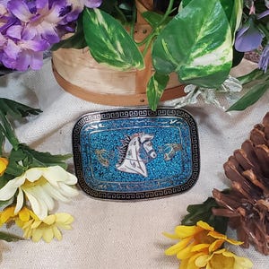Mexico Inlay Decorative Belt Buckle - Silver with Blue Inlay Vintage Sterling Silver Belt Buckle Turquoise Inlay Mexican  main image 2