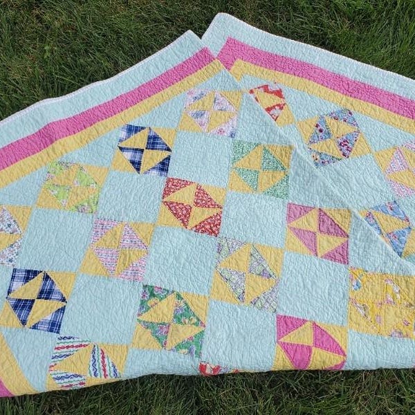 Vintage 70x75 Handmade Quilt: Pinwheel‑in‑a‑Diamond Patchwork Pattern. 1930s-40s Feedsack & Dress Print Fabric.