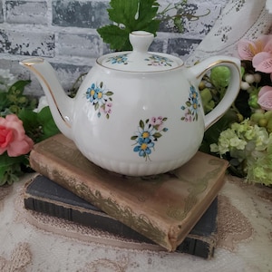 May include: A white porcelain teapot featuring a delicate floral pattern of small blue and pink flowers with yellow centers. The teapot has a rounded body with a ribbed base, a matching lid, and gold trim accents along the spout and handle edges.
