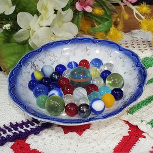 VINTAGE Glass MARBLES-24 total. Vivid colors and various quality and sizes. Nostalgic fun or to display. Several are UV reactive.