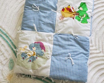 Vintage HANDMADE CARE BEAR Baby Quilt. 50&quot;x41&quot;. 12-Hand Painted Panels w/different characters, blue/white gingham check border & backing.