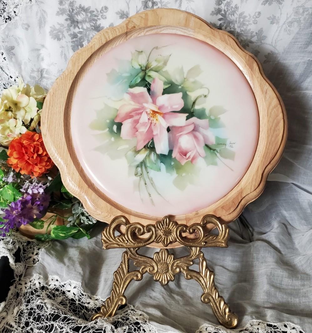 Vintage Hand Painted Porcelain Garden Rose Plaque: Solid Oak