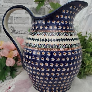 Bolesławiec Polish Pottery Unikat Pitcher: Cobalt Blue Stoneware. Hand‑Painted. 64 oz.
