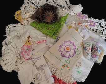 VINTAGE LINENS CRAFTING Lot. Pieces of hand embroidery, crochet & lace on linen and muslin for crafting/scrapbooking/junk journals/stitching