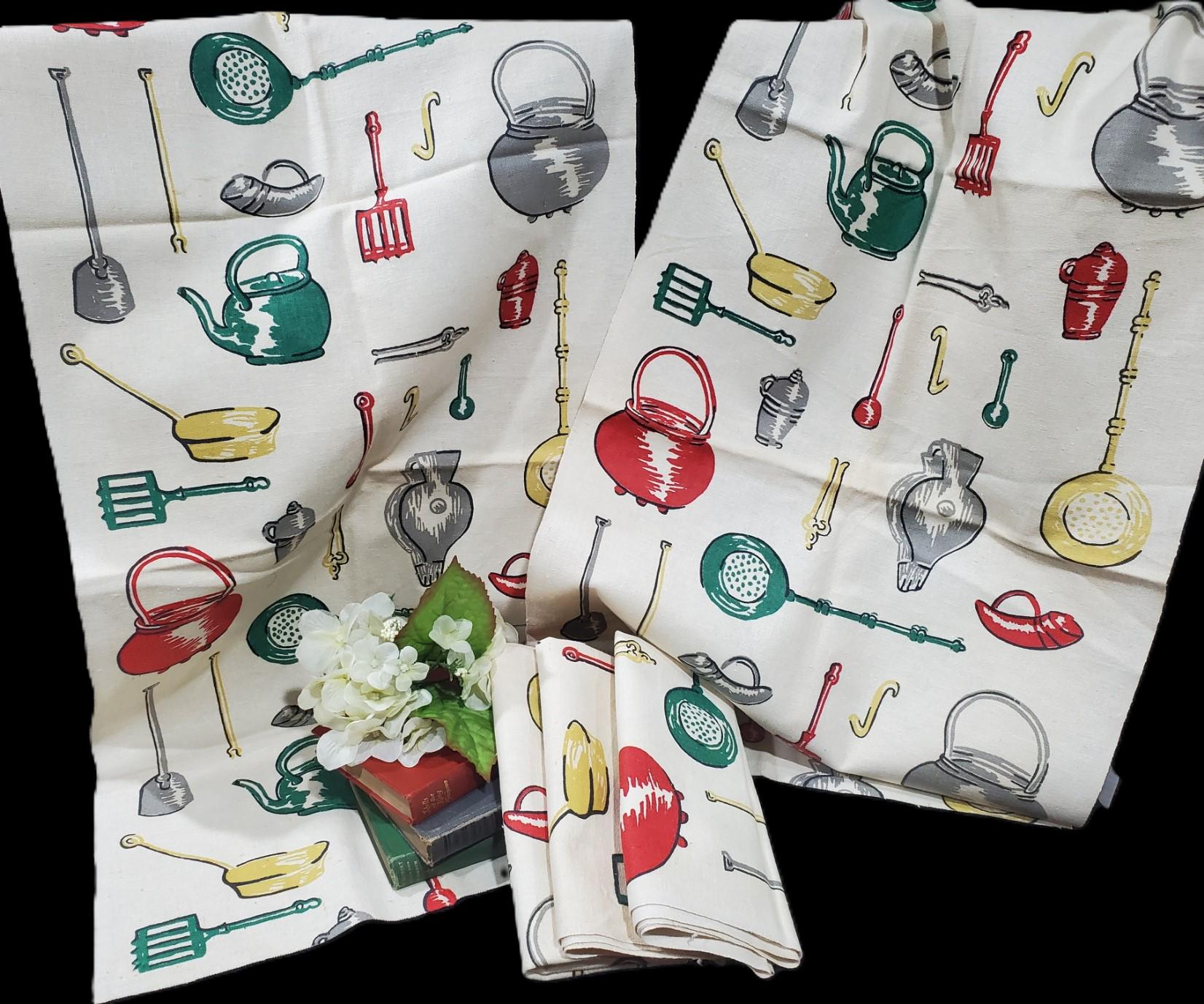 VINTAGE MCM FABRIC, 5 Pieces of cream colored linen w/fun, bold kitchen utensils in red/yellow/green & gray for towels or crafting projects.
