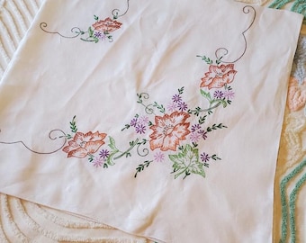 VINTAGE HAND EMBROIDERED Linen Tablecloth, 54&quot;x49&quot;. White background w/ lovely vivid floral border and center. Excellent vintage condition.