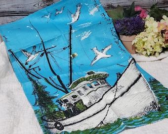 Vintage linnen Suzie Zuzek-keukenhanddoek: Garnalenboot Marie, Key West