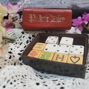 VINTAGE POKER DICE Set in Red Leather-Wrapped Box. 10 Dice. One Set Appears Bakelite. Nice Vintage Condition. Ideal for Collectors & Display