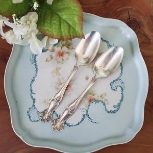 May include: Two silver spoons with ornate handles on a blue and white floral patterned tray.