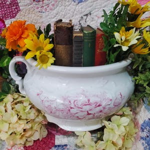 Può includere: Una ciotola in ceramica bianca con disegni floreali rosa, piena di fiori colorati e libri d'epoca. La ciotola ha un manico e poggia su una trapunta fantasia. I libri hanno copertine invecchiate.