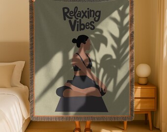Relaxing Vibes Yoga Woven Blanket | Mindfulness Meditation Throw | Wellness Decor
