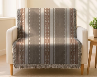 Taupe Scalloped Stripe Woven Blanket, Neutral Earth Tone Throw, Southwestern Rustic Decor, Boho Textile