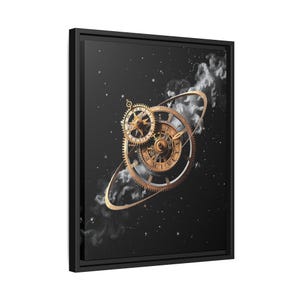 May include: A framed canvas print featuring a steampunk-style design. The artwork showcases intricate golden gears and clockwork elements set against a dark, starry background with wispy clouds. The gears are detailed and appear to be floating.