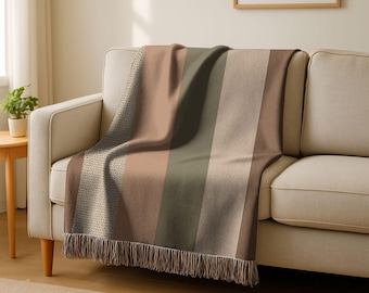 Neutral Stripe Woven Blanket, Earth Tone Throw, Modern Rustic Decor, Minimal Boho Textile, Cozy Bed Blanket