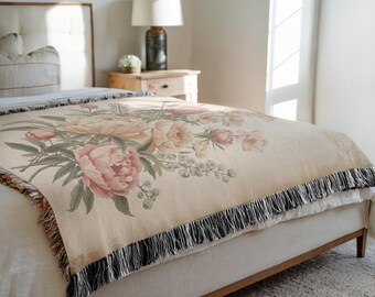 Blush Floral Woven Throw – Vintage Botanical Tapestry, Cottagecore Decor