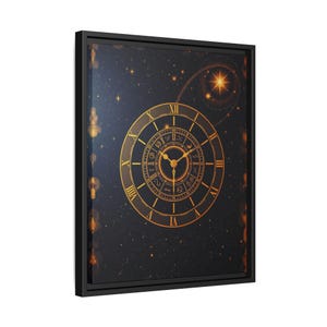 May include: A framed canvas art print featuring a gold-colored clock face with Roman numerals against a dark blue starry background. The clock has intricate details and is surrounded by a black frame. A shooting star design is in the upper right corner.