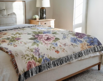 Vintage Floral Woven Blanket | Cottagecore Botanical Throw