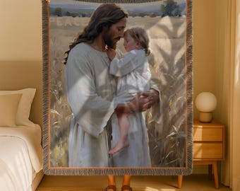 Manta tejida con Jesús sosteniendo al niño / Manta de arte cristiano / Decoración del hogar con fe / Regalo reconfortante