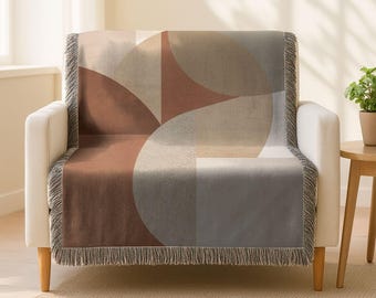 Couverture tissée abstraite neutre, jeté moderne aux tons terre, décoration de lit géométrique minimale, couverture confortable de créateur