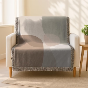Moderne abstracte deken, geweven minimale plaid, neutraal huisdecor, aardetinten textiel, Japanse stijl