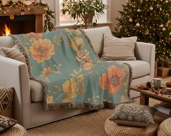 Floral Woven Throw Blanket: 70s Retro Boho Decor - Etsy