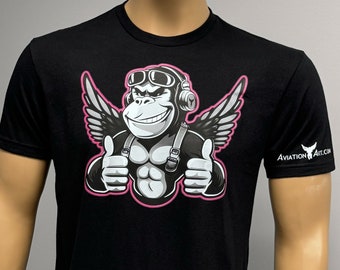 Flying Monkey Thumbs Up Pink Edition Aviator Airplane Airline Pilot Black Unisex T-Shirt M L XL