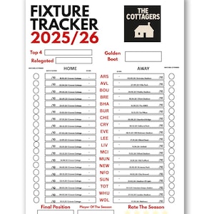 Fulham Fixture Tracker 2025/26 | Minimal Football Poster | Gift for Fulham Fan | A2 A3 A4 | Premier League Wall Art