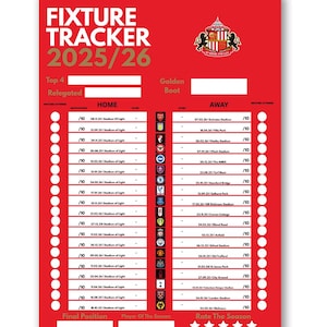 Sunderland Fixture Tracker 2025/26 | Minimal Football Poster | Gift for Sunderland Fan | A2 A3 A4 | Premier League Wall Art