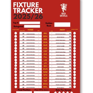 Dispositif de suivi des luminaires Man United 2025/26 | Poster minimaliste de football | Cadeau pour fan de United | A2 A3 A4 | Art mural Premier League