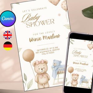 Invito digitale o stampabile per baby shower/compleanno - Modello personalizzabile - Biglietto elettronico per festa di nascita, orsacchiotto neutro per bambino e bambina