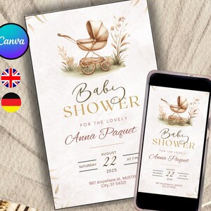 Convite digital ou impresso para chá de bebê/aniversário – Modelo personalizado – Cartão eletrônico para festa de bebê, Boho, minimalista, bege, neutro