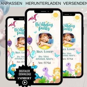 Convite digital animado de aniversário infantil com foto de animais dinossauros – convite de aniversário personalizado eCard, modelo de convite Canva,