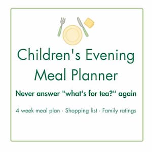 Puede incluir: Imagen cuadrada con un marco verde claro, que muestra el texto "Children's Evening Meal Planner" en verde oscuro. La imagen incluye ilustraciones de un plato, un tenedor, un cuchillo y una servilleta. También se incluye el texto "Never answer 'what's for tea?' again".