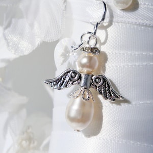 Wedding Bouquet Charm, White Swarovski Crystal and Pearl Angel Bouquet Charm, Bridal Bouquet Charm, Angel Memorial Gift for Bride