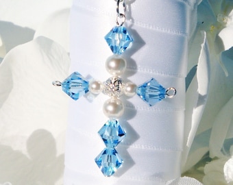 Something Blue for Bride, Something Blue Cross Bouquet Charm, Wedding Bouquet Charm, Swarovski Crystal Aquamarine Blue Cross