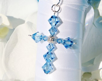 Something Blue for Bride, Something Blue Cross Bouquet Charm, Wedding Bouquet Charm, Swarovski Crystal Aquamarine Blue Cross