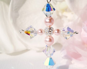 Crystal Cross with Angel Car Charm, Rear View Mirror Charm, Pink Religious Car Accessories, Mothers Day Gift