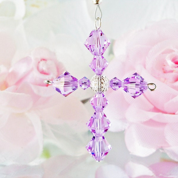 Crystal Cross Car Charm, Religious Car Accessories, Rear View Mirror Charm, Purple Swarovski Crystal Cross, Mothers Day Gift