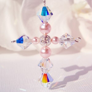 Crystal Cross Car Charm, Pink Swarovski Crystal Rear View Mirror Charm, Religious Car Accessories