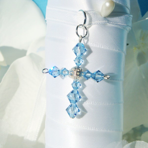 Something Blue for Bride, Something Blue Cross Bouquet Charm, Wedding Bouquet Charm, Swarovski Crystal Aquamarine Blue Cross