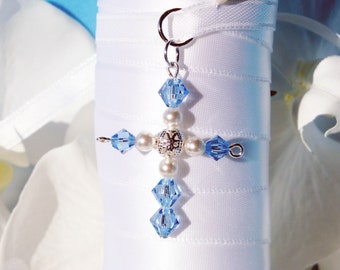 Something Blue for Bride, Wedding Bouquet Charm, Crystal Cross for Bouquet, Something Blue Gift, Bridal Bouquet Charm