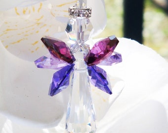 Guardian Angel Rear View Mirror Charm, Purple Swarovski Crystal Angel Suncatcher, Car Accessories, Angel for Car Mirror