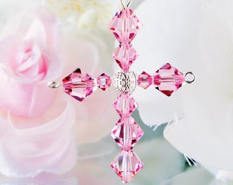 Crystal Cross with Angel Car Charm, Rear View Mirror Charm, Pink Car Accessories, Religious Car Charm