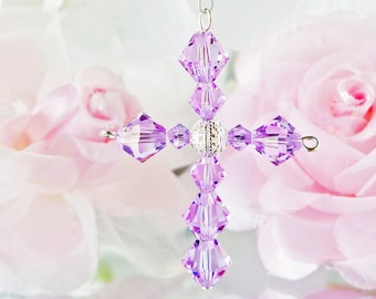 Crystal Cross Car Charm, Religious Car Accessories, Rear View Mirror Charm, Purple Swarovski Crystal Cross, Mothers Day Gift