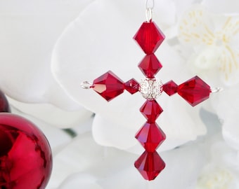 Swarovski Crystal Cross Car Charm, Religious Car Accessories, Rear View Mirror Charm, Red Crystal Cross for Car, Rearview Mirror