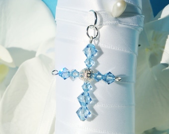 Something Blue for Bride, Something Blue Cross Bouquet Charm, Wedding Bouquet Charm, Swarovski Crystal Aquamarine Blue Cross