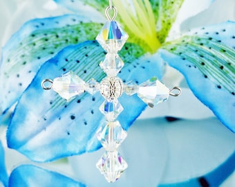 Swarovski Crystal Cross with Angel Car Charm, Rear View Mirror Charm, Crystal Car Accessories, Religious Car Charm