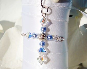 Something Blue for Bride, Swarovski Crystal and Light Blue Pearl Cross Bouquet Charm, Wedding Bouquet Charm, Something Blue Gift