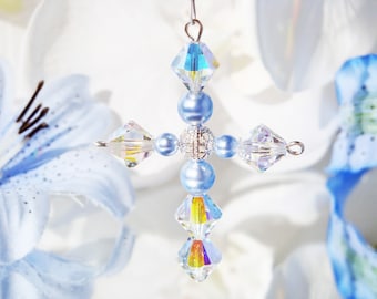 Crystal and Pearl Cross with Angel Car Charm, Blue Rear View Mirror Charm, Religious Car Accessories